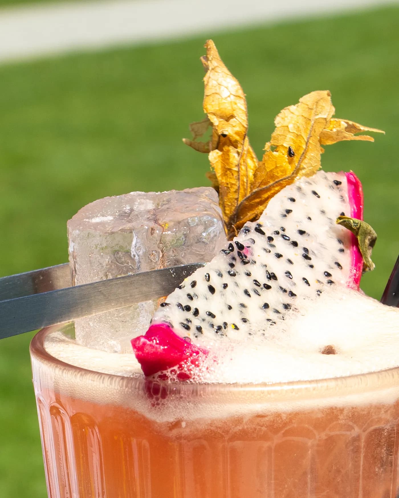 Cocktail mit Drachenfrucht und Physalis als Garnitur